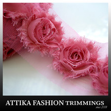 Rose Pink CHIFFON ROSETTE Frayed Mesh LACE TRIM Edging Craft 1y 15 Large Flowers
