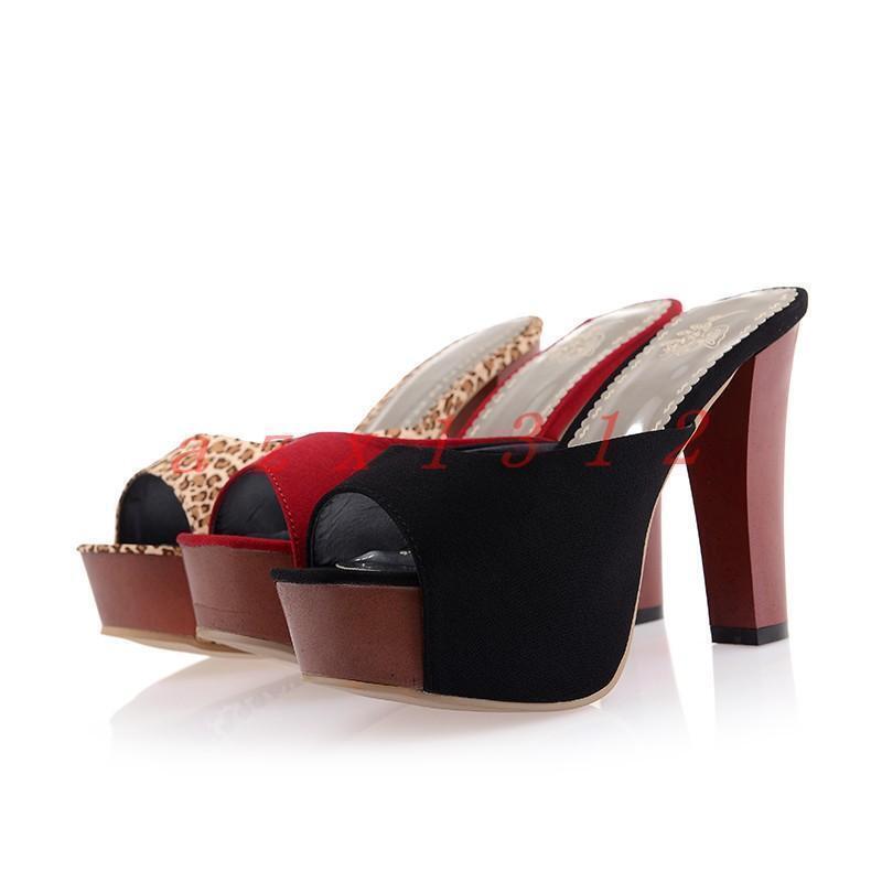 Women's Suede Mules High Block Heel Open Toe Sandals Slip On Platform Slippers