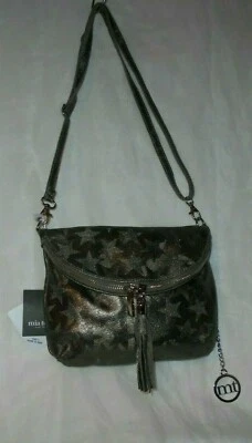 MIA TOMAZZI SAC EN CUIR IMPRIMÉ ÉTOILE COLORIS GRIS TAUPE IRISÉ RRP 259 EUR - Photo 1/4