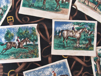 VTG Richloom Equestrian Cotton Decorator Fabric Race Horses w/Jockeys 56'' W BTHY