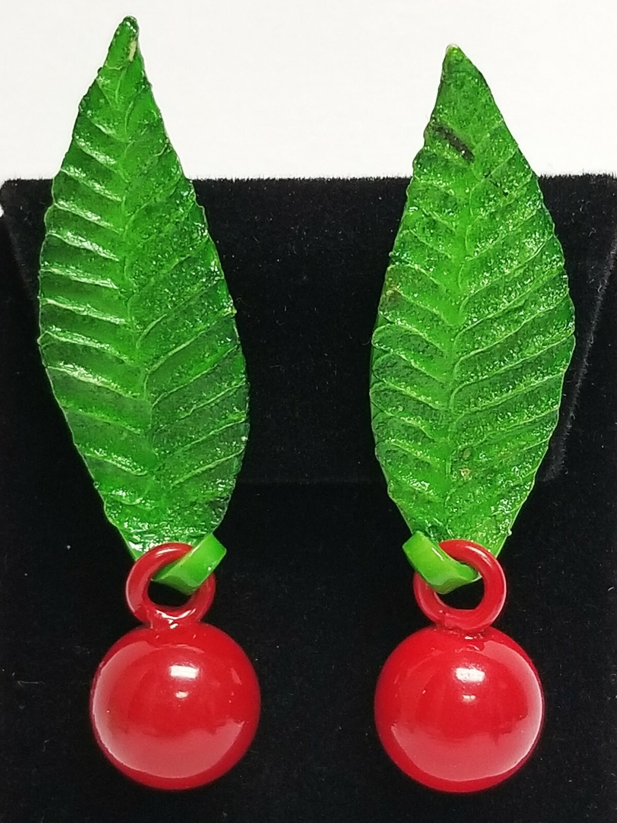 Red BAKELITE CHERRY Long GREEN STEM Celluloid Adj… - image 1