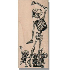 Wood Rubber Stamp, SKELETON FAMILY, Halloween, Children,Skull,Bones,Spooky,Scary