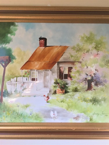 19x16 Painting Porcelain Tile Art - Folk Art Cottage Landscape Framed - Picture 3 of 10