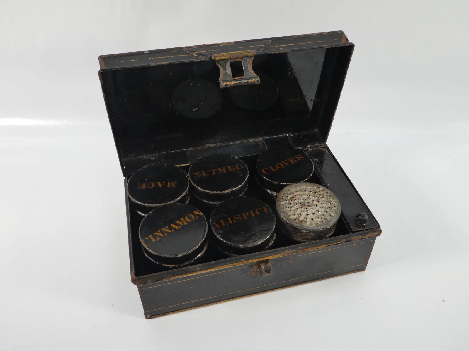 Antique 19th century spice box contrain 5 tins and grinder