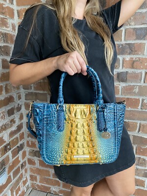 Brahmin Ombre Melbourne Elaine Satchel - Genuine Croc-Embossed Leather, Teal & Tan, With Adjustable Strap