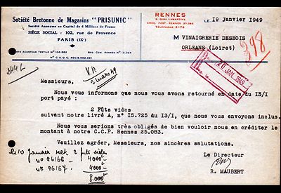 PARIS / RENNES (IX° / 35) Sté BRETONNE de MAGASINS PRISUNIC ''MAUBERT'' in 1949