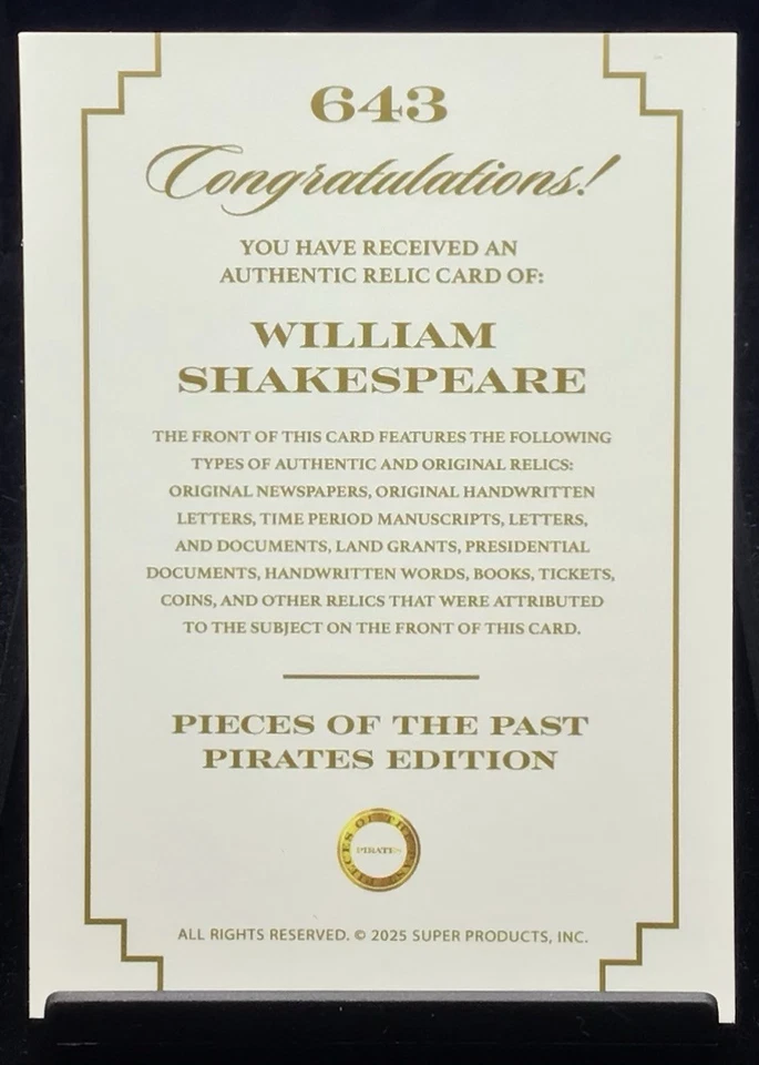 2025 Pieces Of The Past Pirates William Shakespeare Hand Written Document Relic - Image 2 of 2