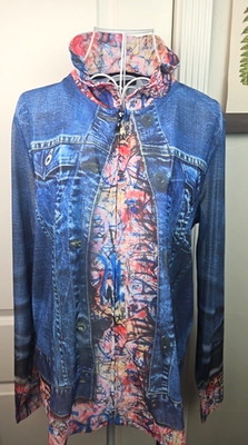 John Mark Top Womens L Sheer Mesh Faux Denim Jacket Full Zip Trompe