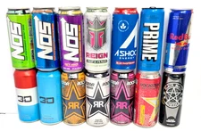 Energy Drink Can Lot 16pc Assorted NOS Rockstar Prime 3D Reign AShoc Red Bull