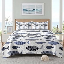 Queen Quilt Set, 3 Pieces Coastal Bedding, Bedspread Ocean Full/Queen Fish