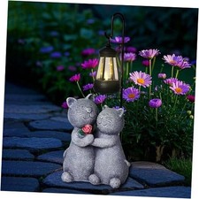 Cat Garden Statues with Solar Lantern Romantic Resin Kitty Couple Holding Rose