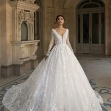 Exquisite  Long Sleeve Wedding Dress V-NeckLace Applique Court Train Bridal Gown
