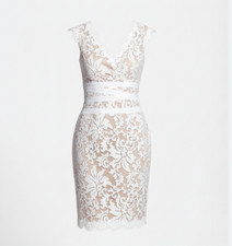 NWT TADASHI SHOJI Embroidered Lace V-neck Sheath in Ivory Nude Dress 12P