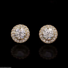 14K Gold Brilliant Stone Halo Cluster Push Back Stud Earrings 9mm