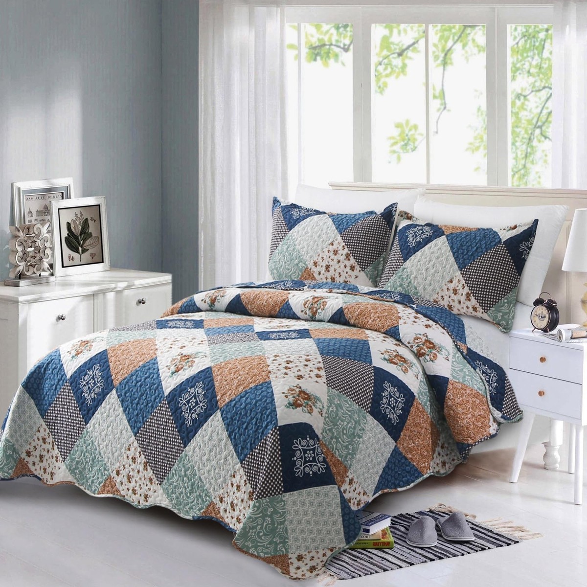 Set di biancheria da letto per capanna, 100% cotone con copripiumino rustico con orsi e cervi, per letto super king size, motivo patchwork, per bambini, adolescenti e adulti, set di biancheria da