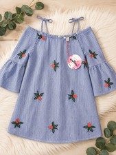 Hayden Girls 7/8 Blue White Striped Off Shoulder Bell Sleeve Embroidered Dress