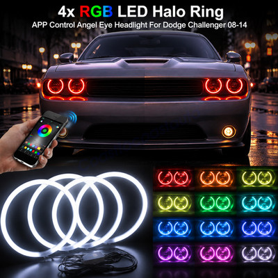 4x RGB LED Halo Ring APP Control Angel Eye Headlight For Dodge Challenger 08-14