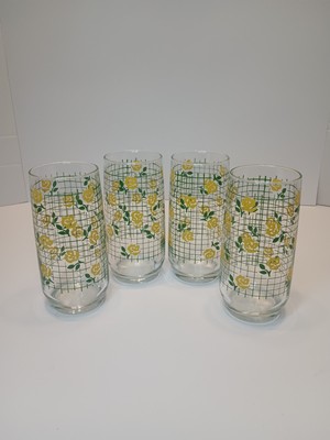 4 Anchor Hocking 1970 s Yellow Roses Iced Tea Glasses 14oz