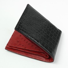 Black/Red - Crocodile/Ostrich Leather Bifold Wallet Handmade RFID ID Window