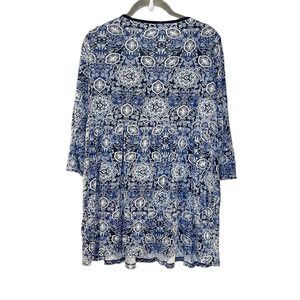 Tu Azul Floral Cachemira Cuello Redondo Manga Larga Floral Resort Top Campesino Boho 18 Foto 2 de 4