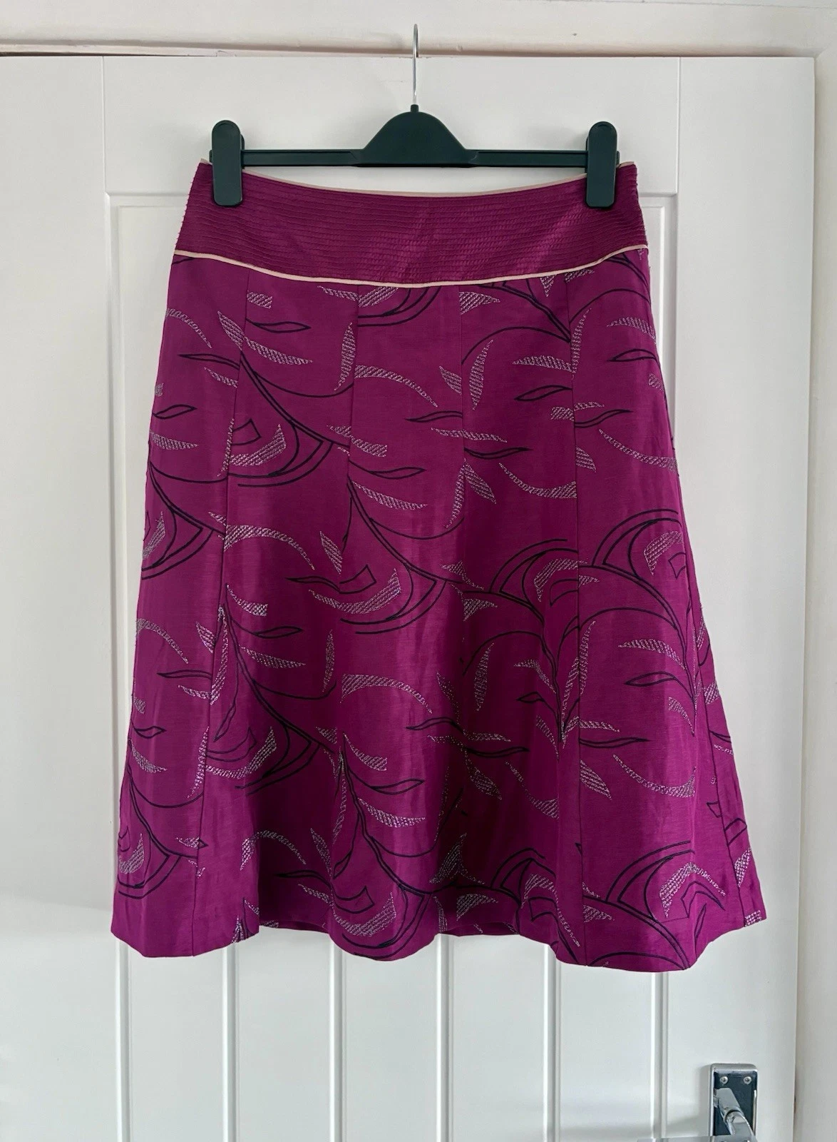 Monsoon True Y2K Linen Silk Blend Midi Skirt Pink Magenta Embroidered UK 12
