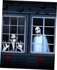 2pcs Halloween Window Cover Decor, Scary Ghost Curtain Outdoor Female Ghosts