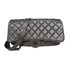 Chanel/Gunmetal Classic Flap Long Elongated Grained Caviar Leather Shoulder Bag