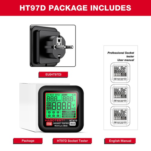 Probador de toma de corriente HABOTEST HT97 con cable de enchufe de pared eléctrico de 110 V prueba GFCI - Imagen 16 de 17