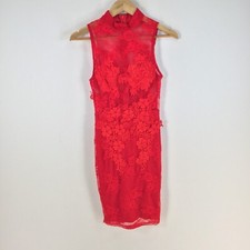 Fashion Nova women pencil dress size XS aus 6 red floral sheer 077862