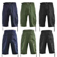 Mens Cargo Shorts with Belt Button Pockets Flat Pressed Lightweight Leg Ties