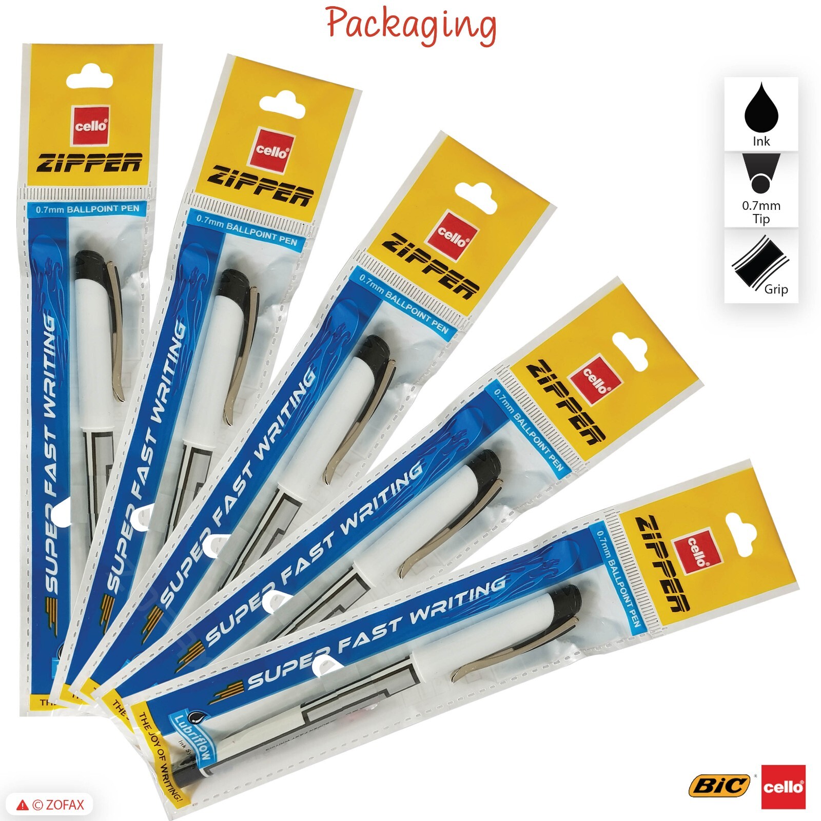 5 x BIC CELLO Zipper 0.7mm BLACK Ballpoint Pens Better Grip Super Fast