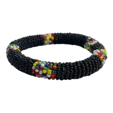 Fully Beaded Seed Bead Bangle Bracelet Black Rainbow Boho Festival