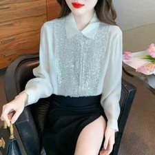 Camicia Maglia Blusa Donna Camicetta Raso Chiffon Bianco Strass Elegante 78153
