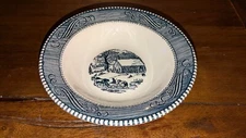 Currier and Ives Cereal Bowl Early Winter Schoolhouse Horse Buggy 6 5/8" Blue