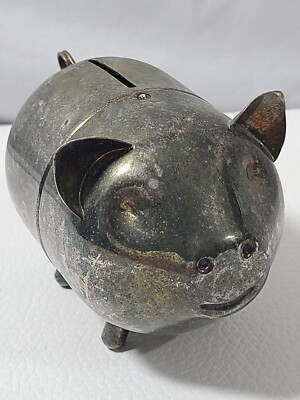 IUNI Silver Plate Piggy Bank 4'' Pig Coin Metal Pigtail MCM Retro HTF Vintage 