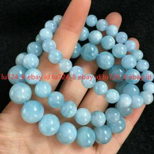 6/8/10/12mm Natural Blue Aquamarine Round Gemstone Beads Stretchy Bangle 7.5"