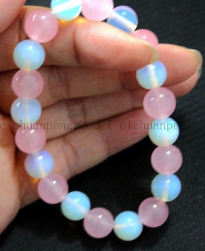 Lovely 10mm Pink Jade White Opal Gemstone Beads Stretchy Bangle Bracelet 7.5'' - Picture 2 of 3