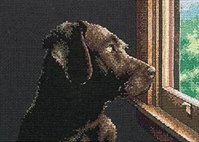 COUNTED CROSS STITCH PATTERN ONLY - PONDERING PUP (LAB DOG LOOKING OUT WINDOW)