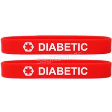 2 (two) DIABETIC Red Wristbands - Medical Alert Silicone Bracelets