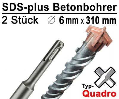 2 Stück SDS-plus Betonbohrer 6 mm x 310mm Quadro Bohrer Hammerbohrer Steinbohrer