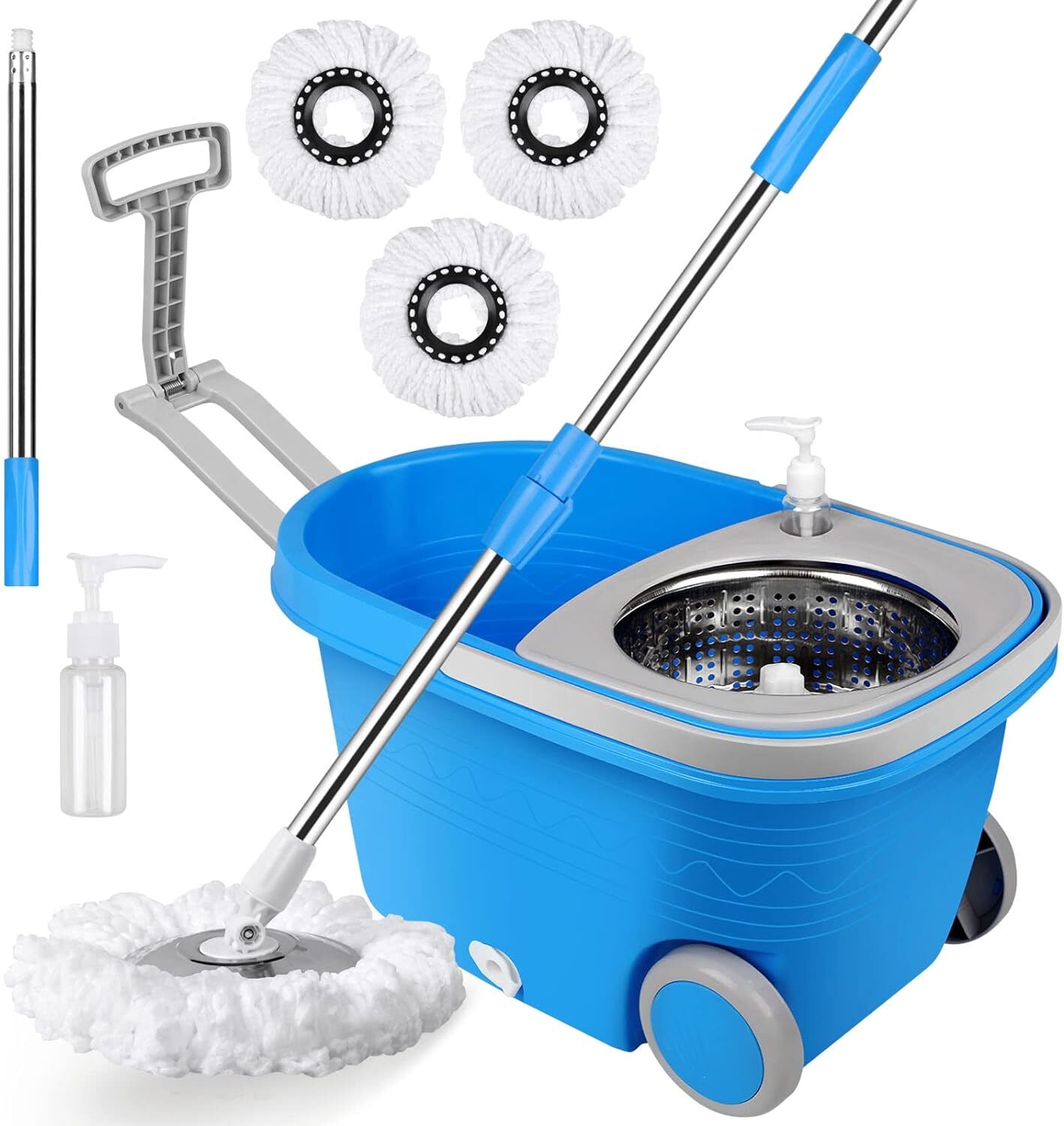 360° Spin Mop and Bucket w Wringer Set Telescopic Handle 3 Mop Heads on Wheels eBay