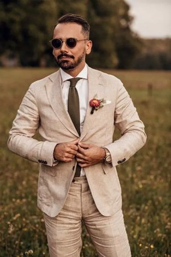 Beige Men Linen Suit Notch Lapel Casual Party Prom Groom Tuxedo Wedding Suits