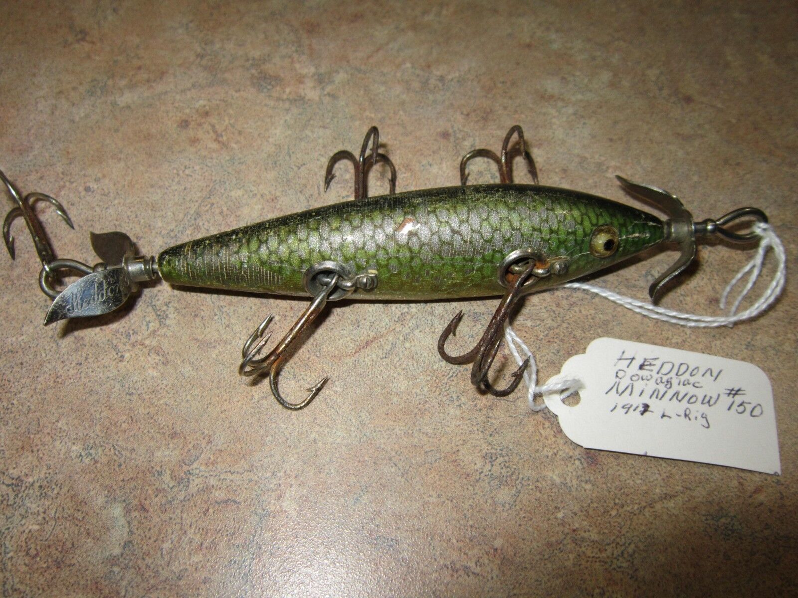 VINTAGE HEDDON 5 HOOK #150 DOWAGIAC MINNOW 1912 L-RIG GLASS EYES