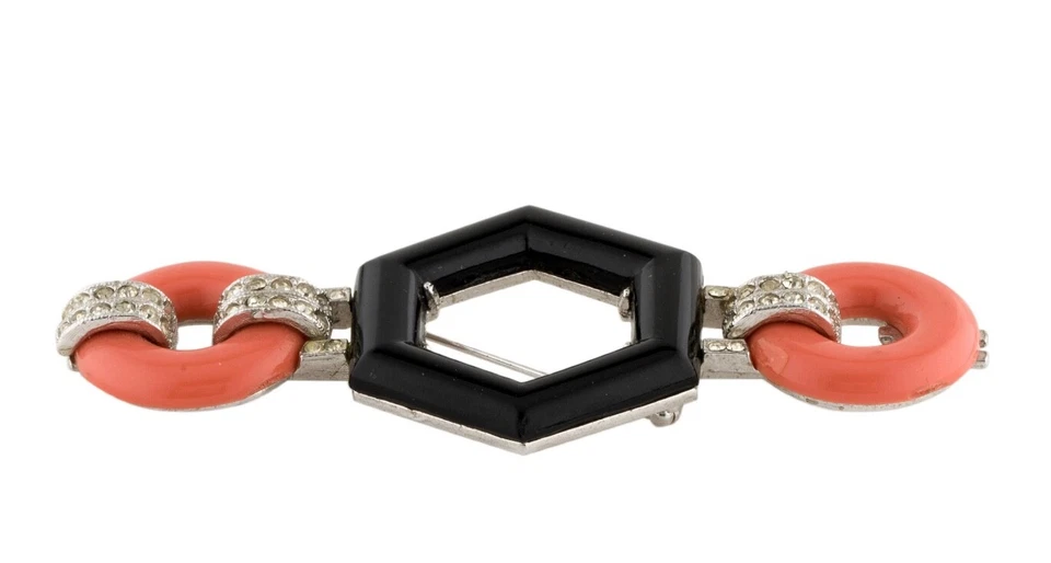 Kenneth Jay Lane KJL Brooch Pin Fur Clip Black Onyx Crystal Coral Resin Art Deco - Image 4 of 4