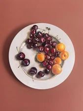 Cherries and Apricots on round plate oil painting