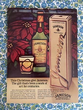 Vintage 1985 Jameson Irish Whiskey Print Ad Christmas Box Poinsettias