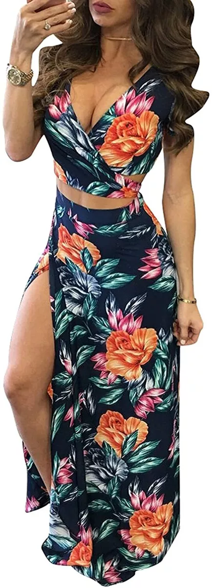 Sexy v collar floral printed cheap slit maxi dress