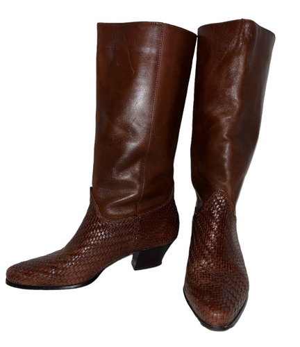 Brown Nicole Womens Catleia Braided Woven Leather Riding Size 6.5 Deanna Boots - 第 1/10 張圖片