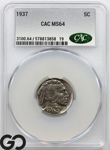1937 Buffalo Nickel CAC MS 64 ** Premium Quality, Blast White!