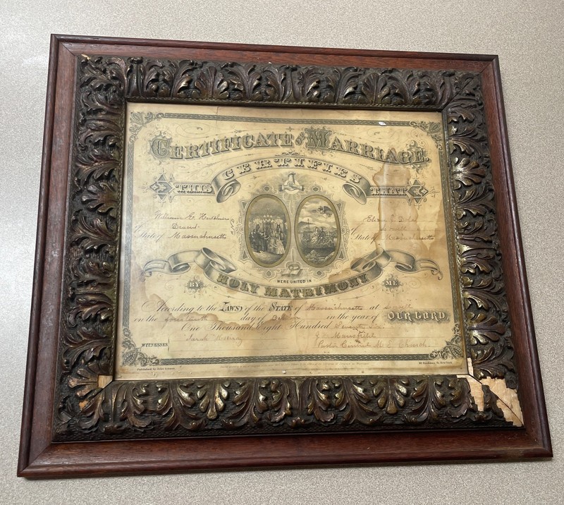 Antique 1876 Framed Original Wedding Certificate Marriage Massachusetts